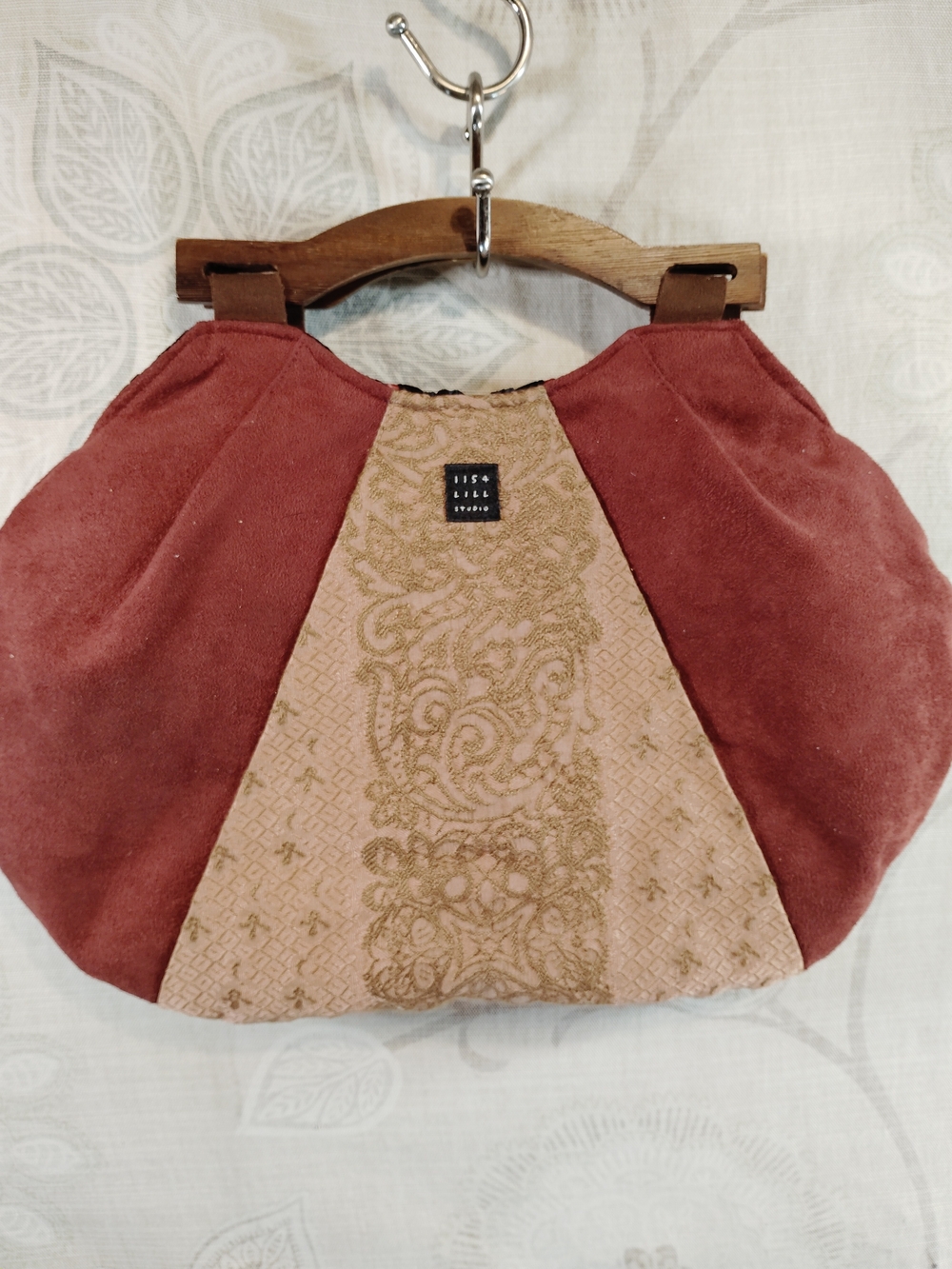 1154 Lill Studio Rose & Brown, Reversible Embroidered Clutch with Wooden Handles